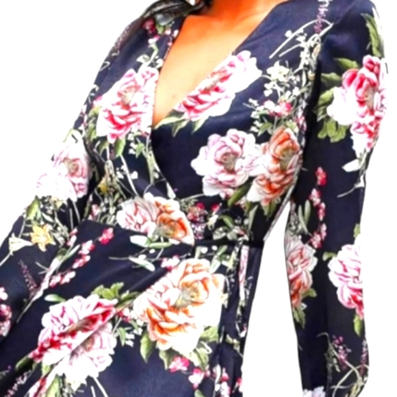 ASOS Parisian Black Mauve Floral Satin Wrap Maxi Dress Side Tie Slit Sz 4 NWOT - Picture 4 of 15